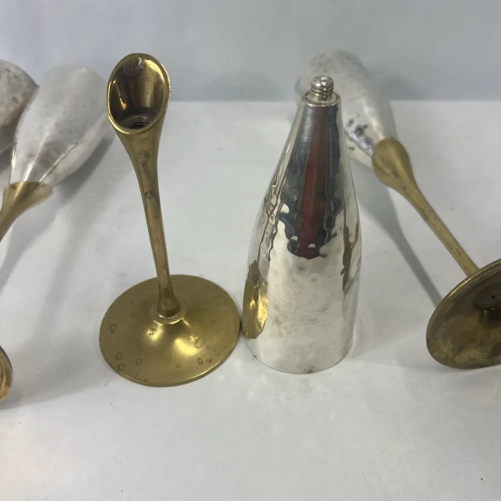 Vintage Art Deco Style Brass & Silverplate‎ Champagne Flute. Set Of 4. Heavy.